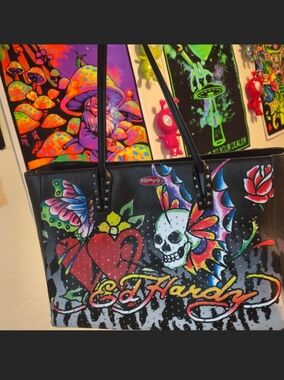 Ed Hardy Black Leather Tote with Colorful Skull, Heart & Butterfly Artwork